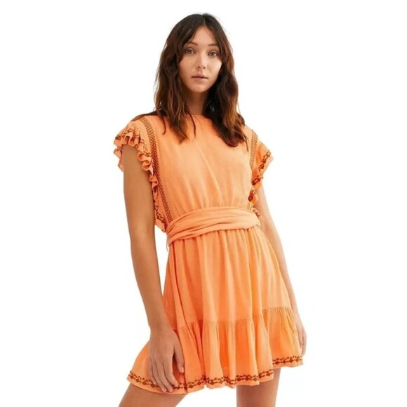 Free People Orange Coral Bronze Embroidered Boho Weekend Brunch Dress Size Large - Picture 1 of 8